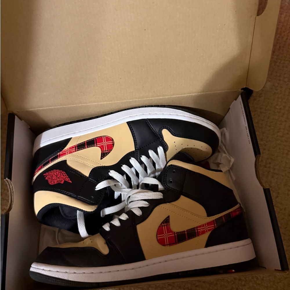 Nike Air Jordan 1 Mid Black, Cream & Red Plaid Swoosh